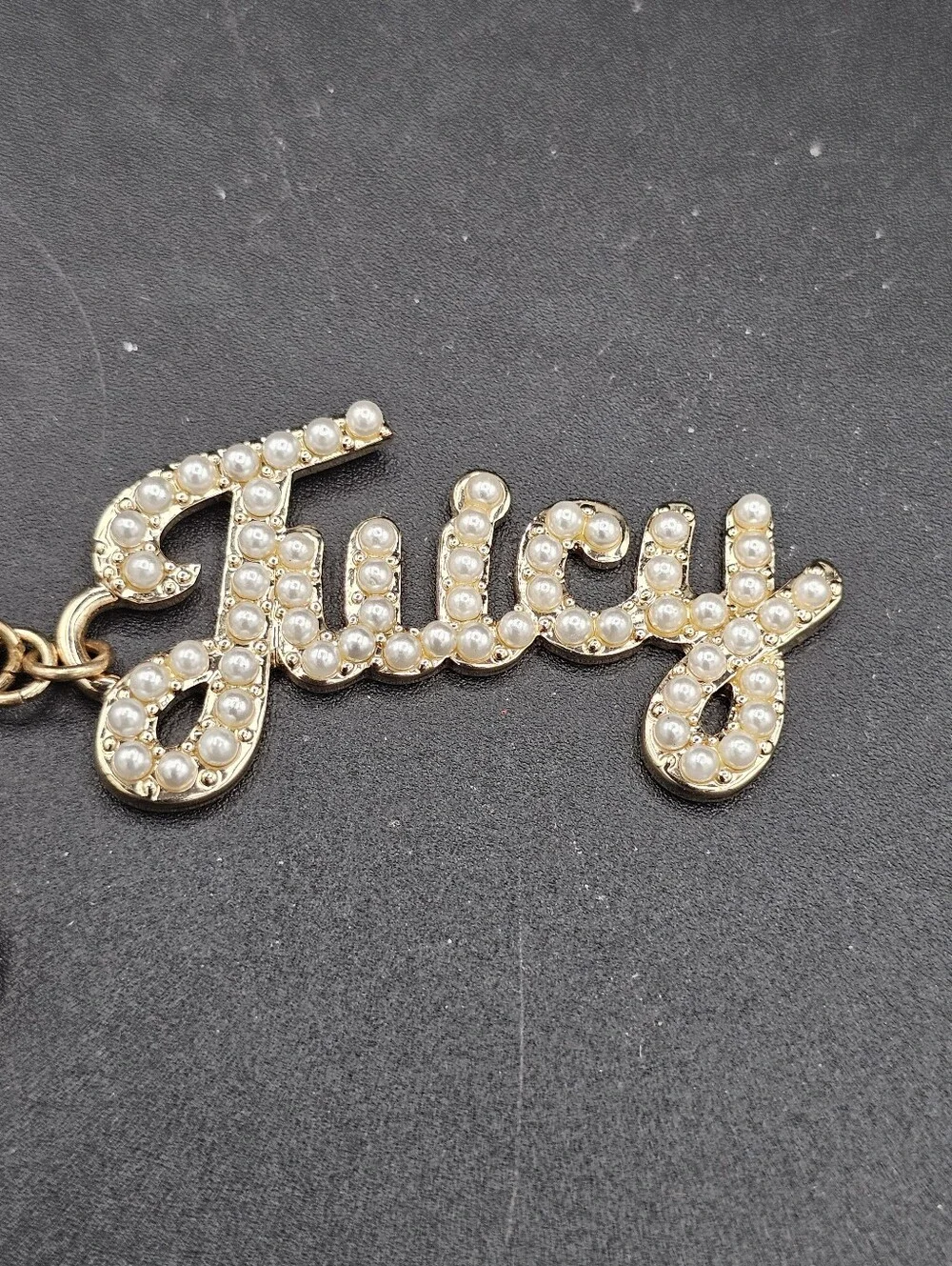 Juicy Couture Pearl Spell Out Gold Keychain Holder Filigree Heart Gem Y2k Style